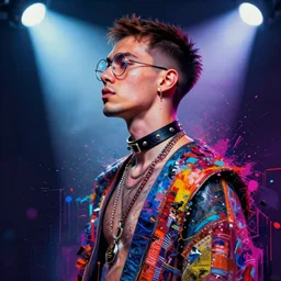a raver wearing circular glasses, wearing a choker and necklaces, side portrait, defiant, passionate, spotlight, paint drips, glitching paint splatter, vibrant colors, dramatic, brush strokes, collage, textiles, futuristic clothing, digital painting, by marco paludet, by jeremy mann, by hannah hoch