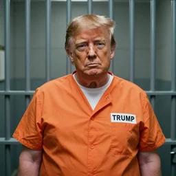 donald trump dressed as an orange prisoner in a prison cell, medium - shot, photographic, natural light failing on his face, by terry richardson
