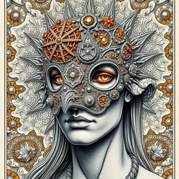 human portrait, face, wearing a carved mineral mask with tiny mineral incrustations, godness, ethereal, elements, golden ratio, baroque, rococo, white + orange + ink + tarot card with ornate by marc simonetti, peter mohrbacher, detailed, intricate illustration, octane render, fractal bacground, sacred. mechanical