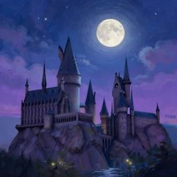 a beautiful illustration of hogwarts at night, art of alena aenami, featured on artstation, vertical orientation, paint brush strokes, expressionism, brushstroke - laden, breathtaking clouds, birds, ocean, beautiful stars, long exposure, big moon radius, airy midnight magical theme, blue purple gradient, lens flare