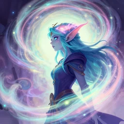 side portrait, female troll necromancer, gloomhaven, luminescent, colorful swirly magic ripples, pastel colors, by greg manchess, huang guangjian, gil elvgren, sachin teng, greg rutkowski, jesper ejsing, ilya kuvshinov
