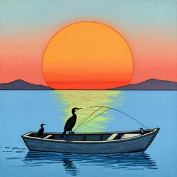 rising sun ( ( ( fishing cormorant, fishing boat ) ) ) on the bay, by leonid afremov and moebius