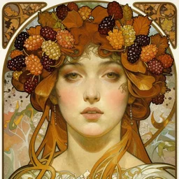 realistic detailed face portrait of a beautiful Queen of Mulberry Trees by Alphonse Mucha, Ayami Kojima, Amano, Greg Hildebrandt, and Mark Brooks, Art Nouveau, Neo-Gothic, gothic
