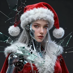 a hiper intricate portrait of beautiful cybernetic santa, it falls apart into voronoi fractures, broken glass, hiper intricate 3 d render, hyper realistic detailed portrait, scifi, fantasy, hdri light, hyper detailed, octane render, concept art, by peter mohrbacher, by wlop, by ruan jia