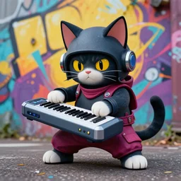 samurai cat playing futuristic synth, street art