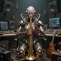 a centered photo of a mystical post apocalyptic cyborg playing instruments in the most complicated and technical musical studio equipment, powerful, cinematic, beautifully lit, by artgerm, by karol bak, 3 d, perfect face and body, trending on artstation, octane render, 8 k