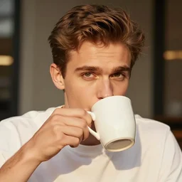 stock photo close - up of gigachad drinking coffee, golden hour