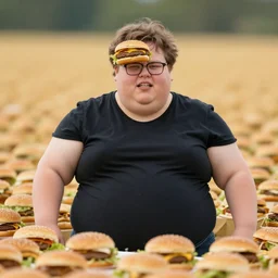 a very obese person in a field of hamburgers, photography, telephoto