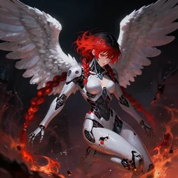 beautiful cinematic female cyborg angel falling apart , fantasy magic, short fiery red black fade braided hair, dark light night, highly intricate details, advanced digital anime art, concept art, wlop rossdraws Sakimimichan