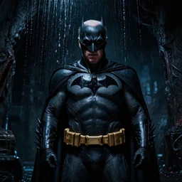 joe biden as batman in the batcave, water running down the walls, haunted, spooky, scary, by sam guay, moody lighting, hyperrealism, finely detailed 4 k, octane render