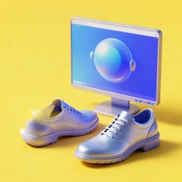 a pair of shoes that are on a yellow ground, a computer rendering by milton glaser, trending on behance, retrofuturism, futuristic, future tech, skeuomorphic