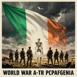 world War propoganda poster, skeleton recruiting soldiers in front of Irish flag