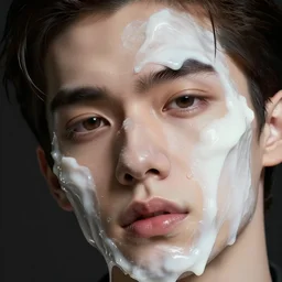 postmodernist extreme close up of gorgeous hyperrealistic male face melts like white viscous ice cream, digital art masterpiece, highly detailed neo pop surrealism, jason limon kay sage hannah yata, dramatic lighting, low angle, uhd 8 k, sharp focus