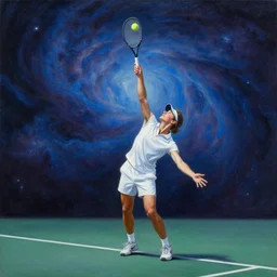 cosmic tennis player serving a tennis ball in a nebula, an oil painting, by ( leonardo da vinci ) and greg rutkowski and rafal olbinski, award - winning magazine cover