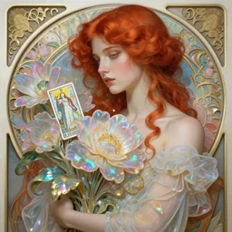 redhead woman, rococo and art nouveau fusion, iridescent diaphanous refractive and reflective flower bouquet, tarot card, highly detailed, deep focus, elegant, digital painting, smooth, sharp focus, illustration, ultra realistic, 8 k, art by artgerm and alphonse mucha