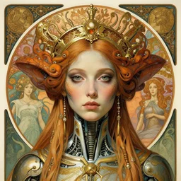 detailed realistic beautiful young alien robot as queen of mars face portrait by jean delville, gustave dore and marco mazzoni, art nouveau, symbolist, visionary, gothic, pre - raphaelite. horizontal symmetry by zdzisław beksinski, iris van herpen, raymond swanland and alphonse mucha. highly detailed, hyper - real, beautiful