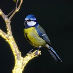 realistic photo of beautiful colorful bird sitting on glowing tree at night, dark smooth background, very sharp focus, dark background, in the style of greg rutswoski, very hyper realistic, highly detailed, fantasy art station