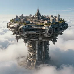 ancient hi tech sci fi industrial superstructure standing above the clouds with an abandoned city on top, photograph, derelict, hyperrealism, megastructure