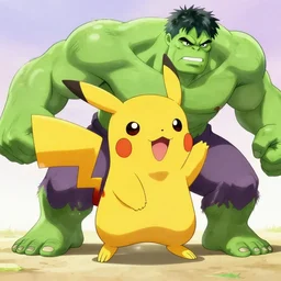 a cute pikachu turning into hulk, anime style