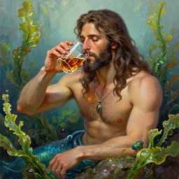 Distinguished Merman Jesus drinking the finest whiskey in a glass, Algae. Trending on ArtStation and Pixiv. A vibrant digital oil painting. A highly detailed fantasy character illustration by Wayne Reynolds and Charles Monet and Gustave Dore and Carl Critchlow and Bram Sels