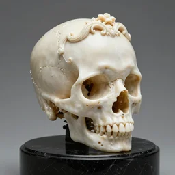 skull head made from ivory, in the style of rafael grassetti, rococo, very detailed, intricate, amazing, beautiful, black marble, octane render, unreal engine, trending on artstation, museum light,