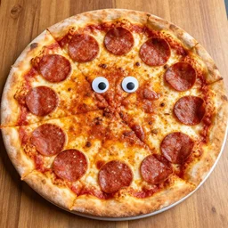 a fresh pepperoni pizza with googly eyes as pepperoni slices