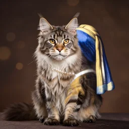 An extremely beautiful studio photo of a Maine Coon cat in the style of the Girl With a Pearl Earring, bokeh, 90mm, f/1.4