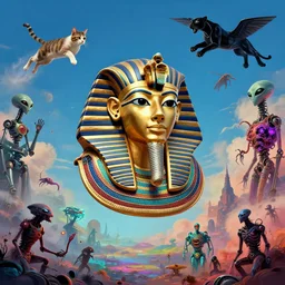 tutankhamon mask flying in the sky ; cat flying in the sky ; panther flying in the sky ; humans being devoured ; aliens, robotic machines, gods, bio - mechanical intelligences, glitch creatures, dmt entity ; lsd art, trending on artstation, style greg rutkowski
