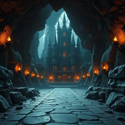 wide angle architecture photography of massive dark otherworldly fantasy castle!!!, pathway through abstract portal cave exit to otherworldly castle, torches on cave walls, high sci - fi fantasy, cryengine 8 k render, artwork by world of warcraft mass effect dnd overwatch dark souls, moody lightning, warm!!!! color palette