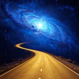 a golden road highway winding through a nebula by peter elson and jack gaughan and delphin enjolras, psychedelic, blue mood, blue light