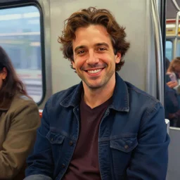 sammy devito smiling while riding a commuter train,, rich vivid colors, sharp, smooth, highly detailed,, digital painting