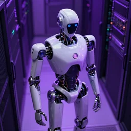 hyperrealistic medium shot robot! in data center server highly detailed concept art eric zener elson peter cinematic hard purple lighting high angle hd 8 k sharp shallow depth of field, inspired by david paul cronenberg and zdzisław beksinski