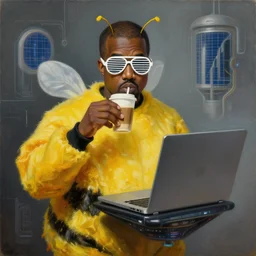hyped kanye west wearing white aviator sunglasses with horizontal bars in place of traditional lenses in a bumblebee costume drinks coffee in front of a futuristic neo solar punk minimal intricate technology aesthetically pleasing hovering laptop, highly detailed, masterpiece, neo classical art, rembrandt lighting, oil on canvas