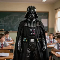 “Darth Vader in school room with kids, movie scene, ultra realistic”