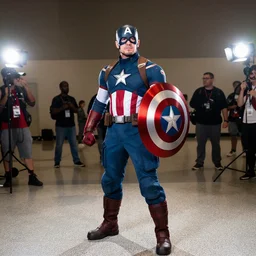 ed grimly cosplaying as captain america, dragoncon, flash photography, wide angle, full length, 3 5 mm, f / 2. 8