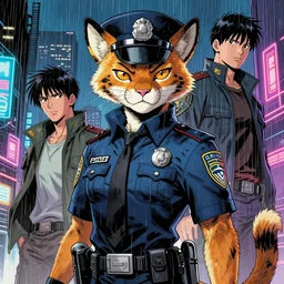 beautiful portrait commission of a female furry anthro cougar fursona wearing a police uniform. Cyberpunk city at night in the rain. Neon light. Atmospheric. Character design by charlie bowater, ross tran, artgerm, and makoto shinkai, detailed, inked, western comic book art