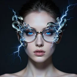 a detailed portrait of dreampunk female model glasses ( snakes ) fractal ( glass ) ( lightning ) beautiful! ( ( blue eyes ) ) by tomasz alen kopera and peter mohrbacher and johanna martine! and margaret keane! elegant alluring seductive luminescent