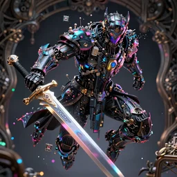 Omnipotent floating iridescent warrior wearing black powerful iridescent armor encrusted in tiny iridescent microchips and transistors and iridescent cybernetic processors, extreme detail, artstation, high focal lens, brandishing a powerful sword, colorful vivid octane render, award winning artwork on artstation, realistic complex baroque composition