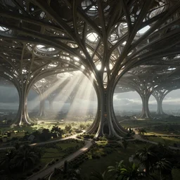 futuristic branching and bifurcating and vaulted and webbed structure stretching out across the countryside, beautiful dynamic lighting, cinematic, wide angle establishing shot, extremely high detail, photo realistic, cinematic lighting, post processed, concept art, artstation, matte painting, style by eddie mendoza, raphael lacoste, alex ross, volumetric lighting, light rays, photorealistic, ultrarealistic, moody, coronarender, 8k