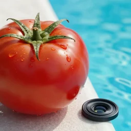 rendered tomato next to a cyan pool of water 5 0 mm lens detailed