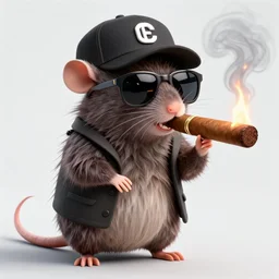 anthropomorphic gangster rat lighting a huge cigar, wearing sunglasses and a cap, long fur, anthropomorphic rat, detailed, 3d render, 4k, pixar