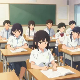 a beautiful picture of people in classroom, anime, detailed, 8 k