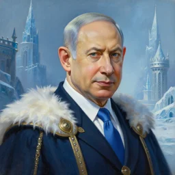 insanely detailed painting of benjamin netanyahu in a medieval icy kingdom in background, by ted nasmith