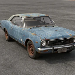 A screenshot of a rusty, worn out, broken down, decrepit, run down, dingy, faded, chipped paint, tattered, beater 1976 Denim Blue Dodge Aspen in FlatOut 2