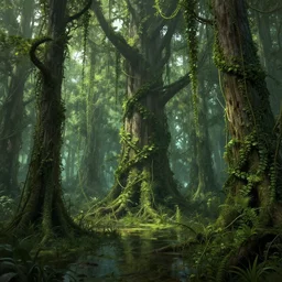 matte painting of a huge swamp, overgrown with lush vines, immaculate scale, greg rutkowski, digital art, trending on artstation, detailed matte painting