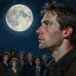 a closeup oil painting of a man staring at the moon, ultra realistic, true life, 8 k, masterpiece, cinematic, by leonid afremov, frank frazetta, greg rutkowski, christian macnevin, beeple, wlop, krenz cushart, epic character art, volumetric lighting, dark blue night