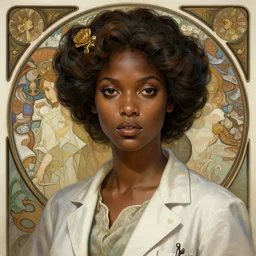 female mad scientist, dark skinned, deep focus, intricate, elegant, highly detailed, digital painting, artstation, concept art, matte, sharp focus, illustration, art by artgerm and greg rutkowski and alphonse mucha