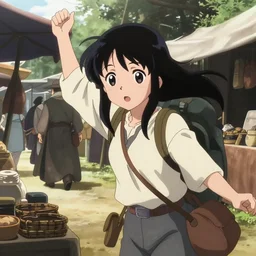 anime visual, portrait of a young female traveler in an open medieval market shopping, cute face by yoh yoshinari, katsura masakazu, dynamic pose, dynamic perspective, strong silhouette, anime cels, ilya kuvshinov, cel shaded, crisp and sharp, rounded eyes, moody