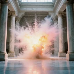 a surreal explosion inside a marble temple, film photo, soft lighting album cover, nostalgia, gradient, light reflection