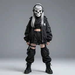 very cool girl brilliant silver hair girl with a skull shaped ballistic face mask streetwear techwear cyberpunk style outfit full body nose piercing detailed portrait intricate comp - n 9 - i
